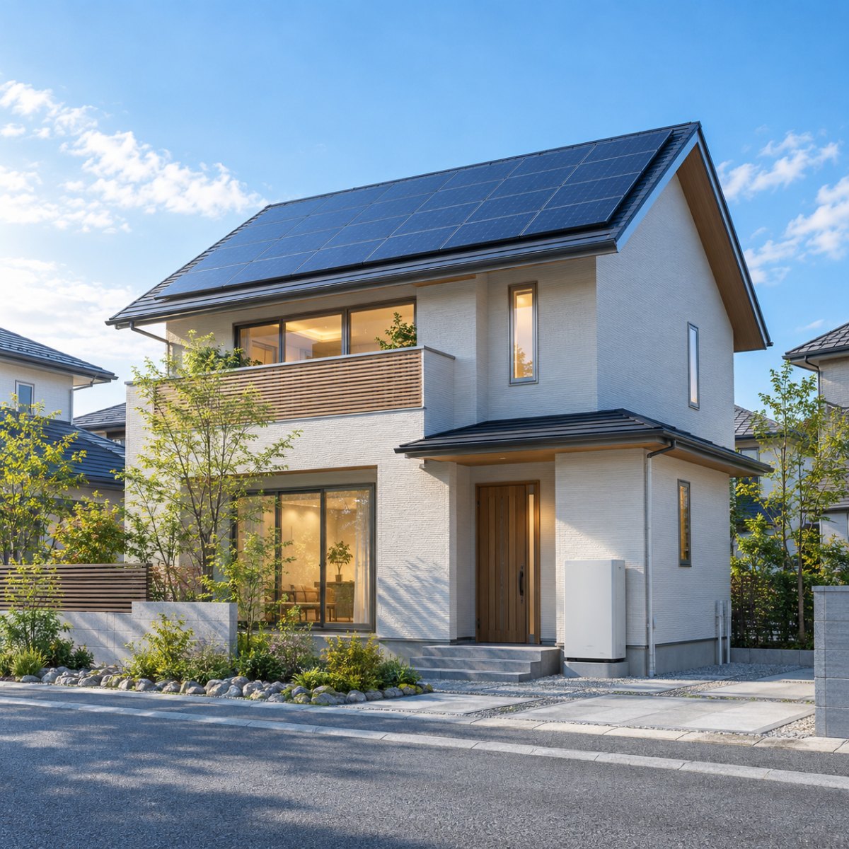太陽光パネルと蓄電池のある日本の住宅