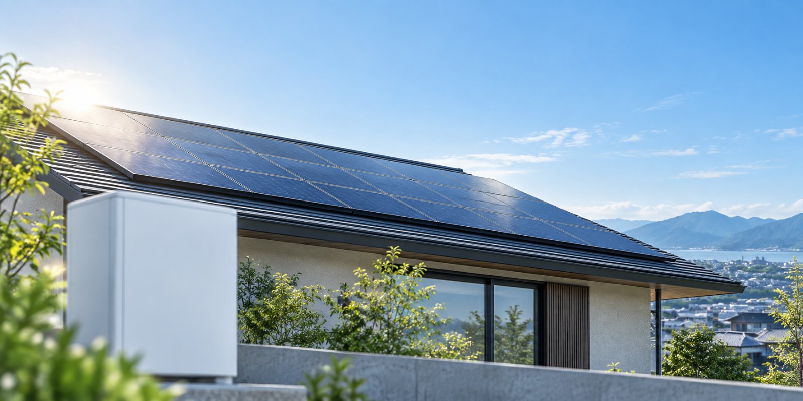 太陽光パネルと蓄電池のある住宅の屋根